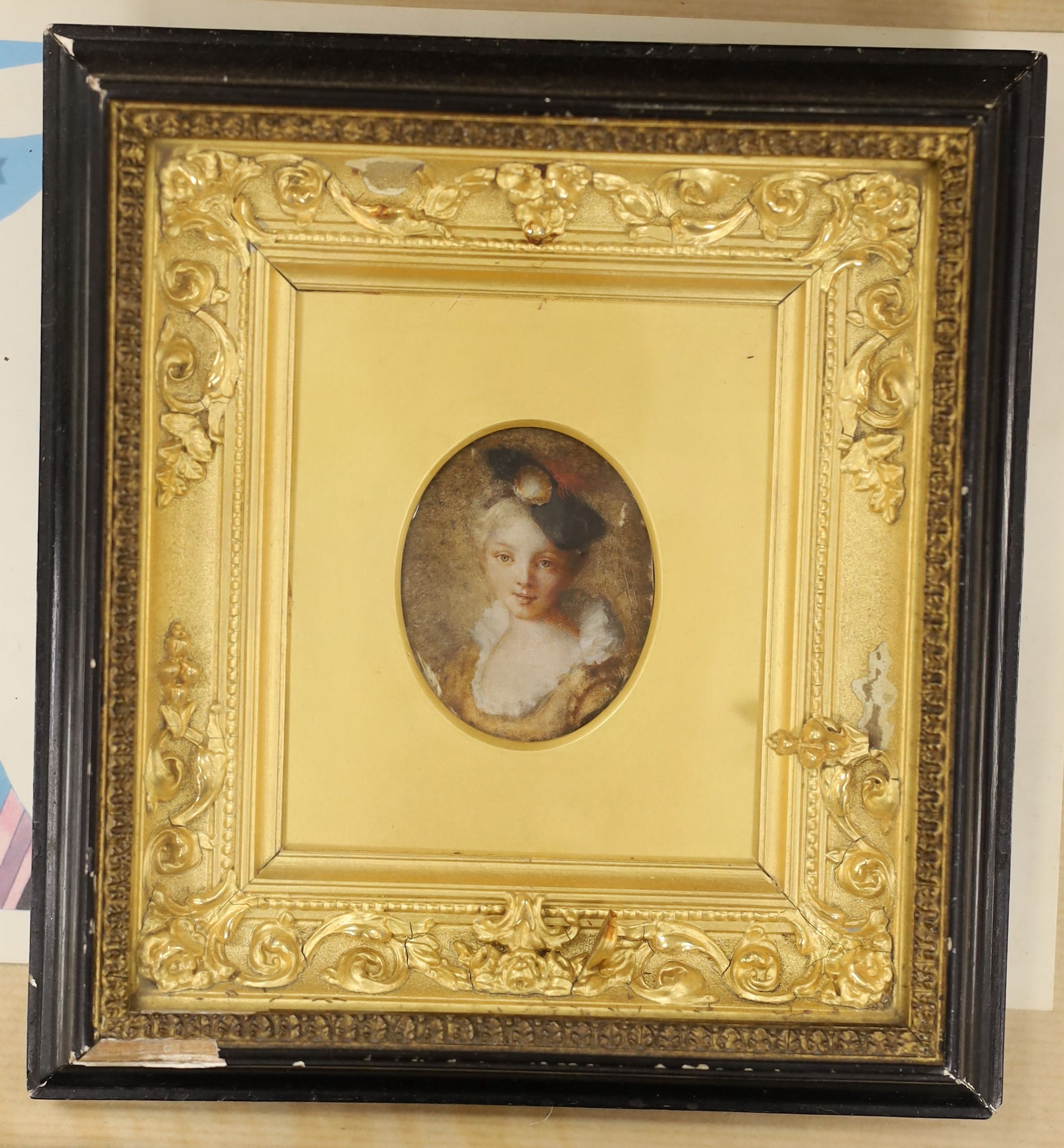 19th century English School, watercolour on ivory, Miniature of a 17th century lady, 5.5 x 4.5cm